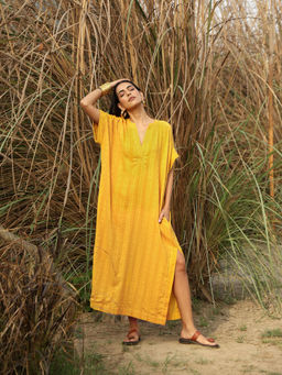 trueBrowns - Yellow Cotton Embroidered Oversized Maxi Dress