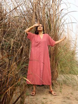 trueBrowns - Pink Cotton Embroidered Relaxed Maxi Dress