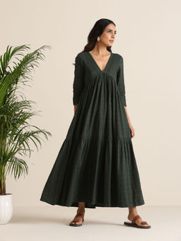 trueBrowns - Black Cotton Embroidered Flared Maxi Dress