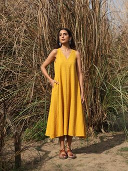 trueBrowns - Mustard Cotton Embroidered Flared Midi Dress
