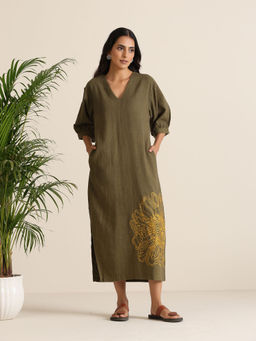 trueBrowns - Olive Cotton Embroidered Relaxed Midi Dress