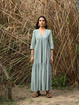 trueBrowns - Blue Cotton Solid Flared Maxi Dress