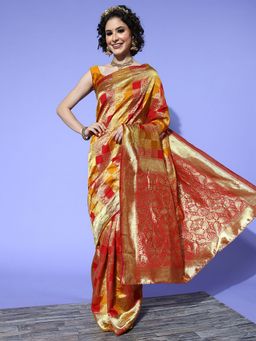Odette - Silk Blend Red Woven Designer Saree with Unstitched Blouse