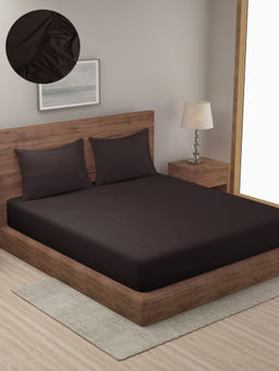 HOSTA HOMES - Brown Striped 300 TC Cotton Fitted Bedsheet with 2 Pillow Covers (King)