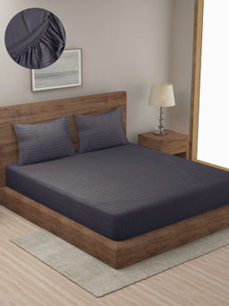 HOSTA HOMES - Grey Striped 300 TC Cotton Fitted Bedsheet with 2 Pillow Covers (King)