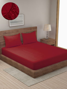 HOSTA HOMES - Maroon Striped 300 TC Cotton Fitted Bedsheet with 2 Pillow Covers (King)
