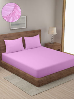 HOSTA HOMES - Pink Striped 300 TC Cotton Fitted Bedsheet with 2 Pillow Covers (King)