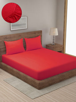 HOSTA HOMES - Red Striped 300 TC Cotton Fitted Bedsheet with 2 Pillow Covers (King)