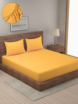 HOSTA HOMES - Yellow Striped 300 TC Cotton Fitted Bedsheet with 2 Pillow Covers (King)