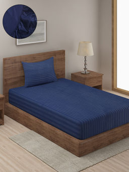 HOSTA HOMES - Navy Blue Striped 300 TC Fitted Bedsheet with 1 Pillow Cover (Single)