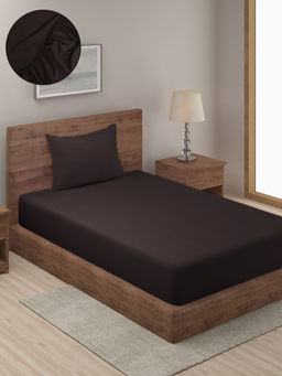 HOSTA HOMES - Brown Striped 300 TC Fitted Bedsheet with 1 Pillow Cover (Single)