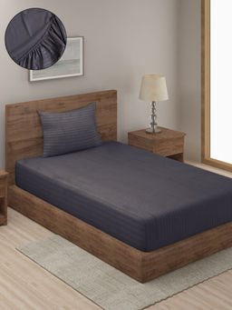 HOSTA HOMES - Grey Striped 300 TC Fitted Bedsheet with 1 Pillow Cover (Single)