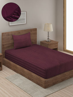 HOSTA HOMES - Purple Striped 300 TC Fitted Bedsheet with 1 Pillow Cover (Single)