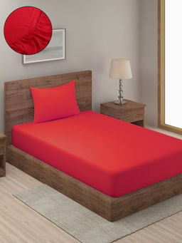 HOSTA HOMES - Red Striped 300 TC Fitted Bedsheet with 1 Pillow Cover (Single)