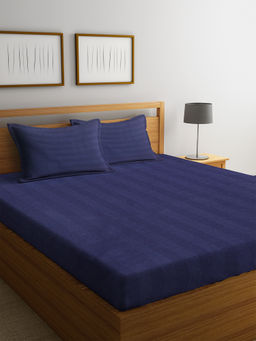 HOSTA HOMES - Navy Blue Striped 300 TC Cotton 1 Bedsheet with 2 Pillow Covers (King)