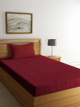 HOSTA HOMES - Maroon Striped 260 TC Cotton 1 Bedsheet with 1 Pillow Cover (Single)