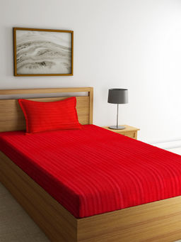 HOSTA HOMES - Red Striped 260 TC Cotton 1 Bedsheet with 1 Pillow Cover (Single)