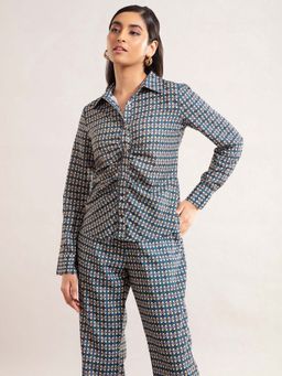 Twenty Dresses by Nykaa Fashion - Blue Printed Ruched Full Sleeves Shirt