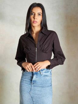 Virgio - Brown Corset Crop Shirt