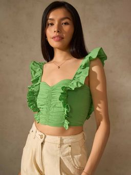 Virgio - Green Textured Ruffle Crop Top