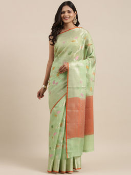 Banarasi Silk Works - Green Mulberry Silk Tilfi Jaal Zari Border Saree with Unstitched Blouse