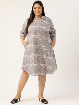 theRebelinme - Plus Size Womens Grey & Off White Printed Cotton A-line Dress