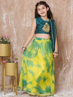 AJ Dezines - Girls Green Cotton Embroidered Lehenga Choli & Dupatta (Set of 3)