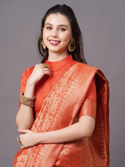 Akhilam - Rust Festive Silk Blend Woven Design Saree with Unstitched