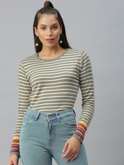 SHOWOFF - Women Round Neck Horizontal Stripes Olive Regular Top