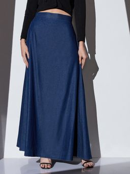 Globus - Women Med Blue Mid-Rise Solid A-Line Denim Maxi Skirt