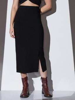 Globus - Women Black High-Rise Solid Stretchable Front Slit High Workwear Pencil Skirt