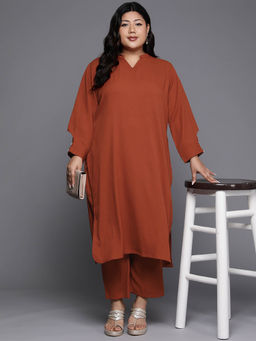 Varanga - Women Plus Size Rust Solid Kurta with Tonal Pant (Set of 2)