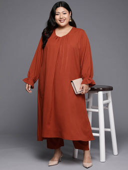 Varanga - Women Plus Size Rust Solid A- Line Kurta with Tonal Pant (Set of 2)