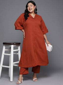Varanga - Women Plus Size Rust Solid A- Line Kurta with Tonal Pant (Set of 2)