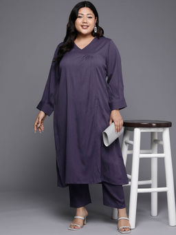 Varanga - Women Plus Size Purple Solid A- Line Kurta with Tonal Pant (Set of 2)