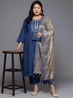 Varanga - Women Plus Size Blue Embroidered Kurta with Tonal Pant and Dupatta (Set of 3)