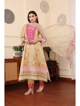 THE COTTON LAWN SHOP - Women Cream Floral Printed Unstitched Dress Material (Set of 3)