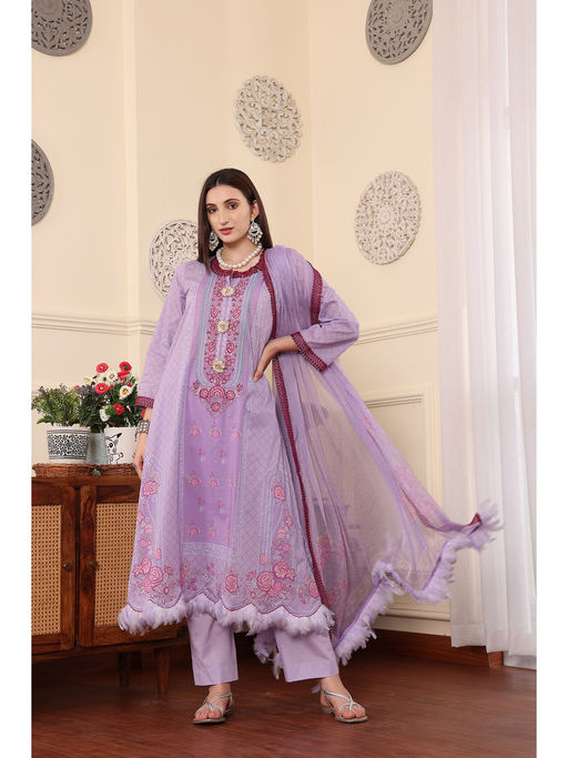 Buy THE COTTON LAWN SHOP Women Lavender Floral Printed Unstitched Dress  Material (Set of 3) Online