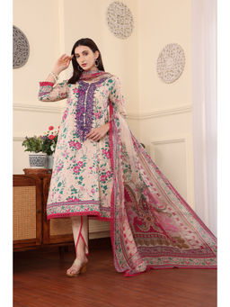 THE COTTON LAWN SHOP - Women Cream Floral Printed Unstitched Dress Material (Set of 3)