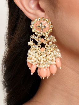 Karatcart - Gold Plated Kundan Studded Peach Meena and Tumble Dangler Earrings for Women