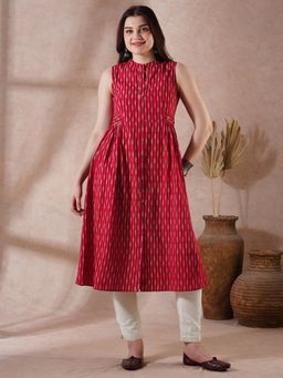 Globus - Red Striped Mandarin Collar Pleated Button-Down Front Slit Kurta