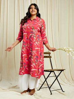 Globus - Gloplus Women Pink Shirt Collar Floral Print Button Down Straight Plus Size Kurta