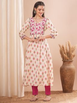 FASHOR - Cream Floral Printed And Mirror Embroidered A Line Pleated Kurta