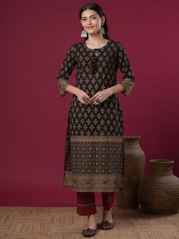 FASHOR - Black Printed and Embroidered Straight Fit Kurta