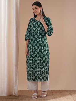 FASHOR - Green Block Printed Straight Fit Kurta