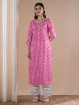 FASHOR - Pink Floral Printed Straight Fit Kurta