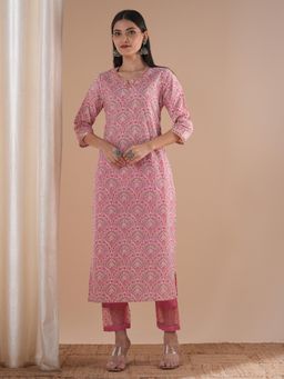 FASHOR - Pink and Printed and Embroidered Straight Fit Kurta