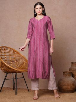FASHOR - Pink Stripes Printed and Embroidered Straight Fit Kurta
