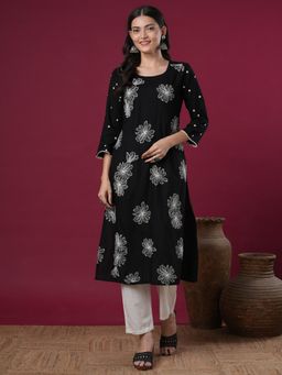FASHOR - Black Floral Embroidered Straight Fit Kurta