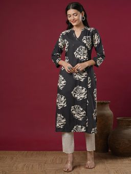 FASHOR - Black Floral Printed and Embroidered Straight Fit Kurta